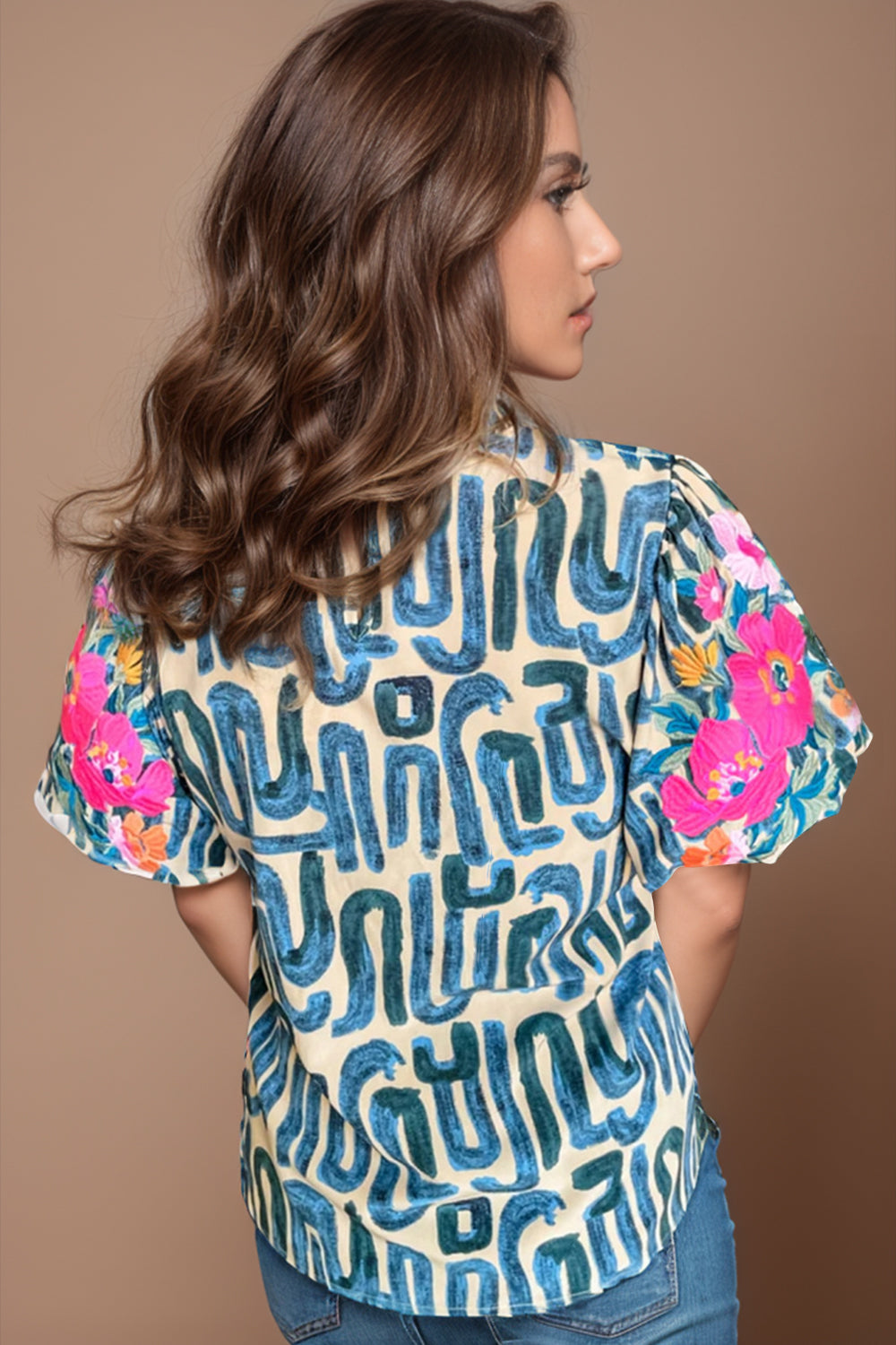 STUNNLY  Plus Size Printed Mock Neck Short Sleeve Blouse   