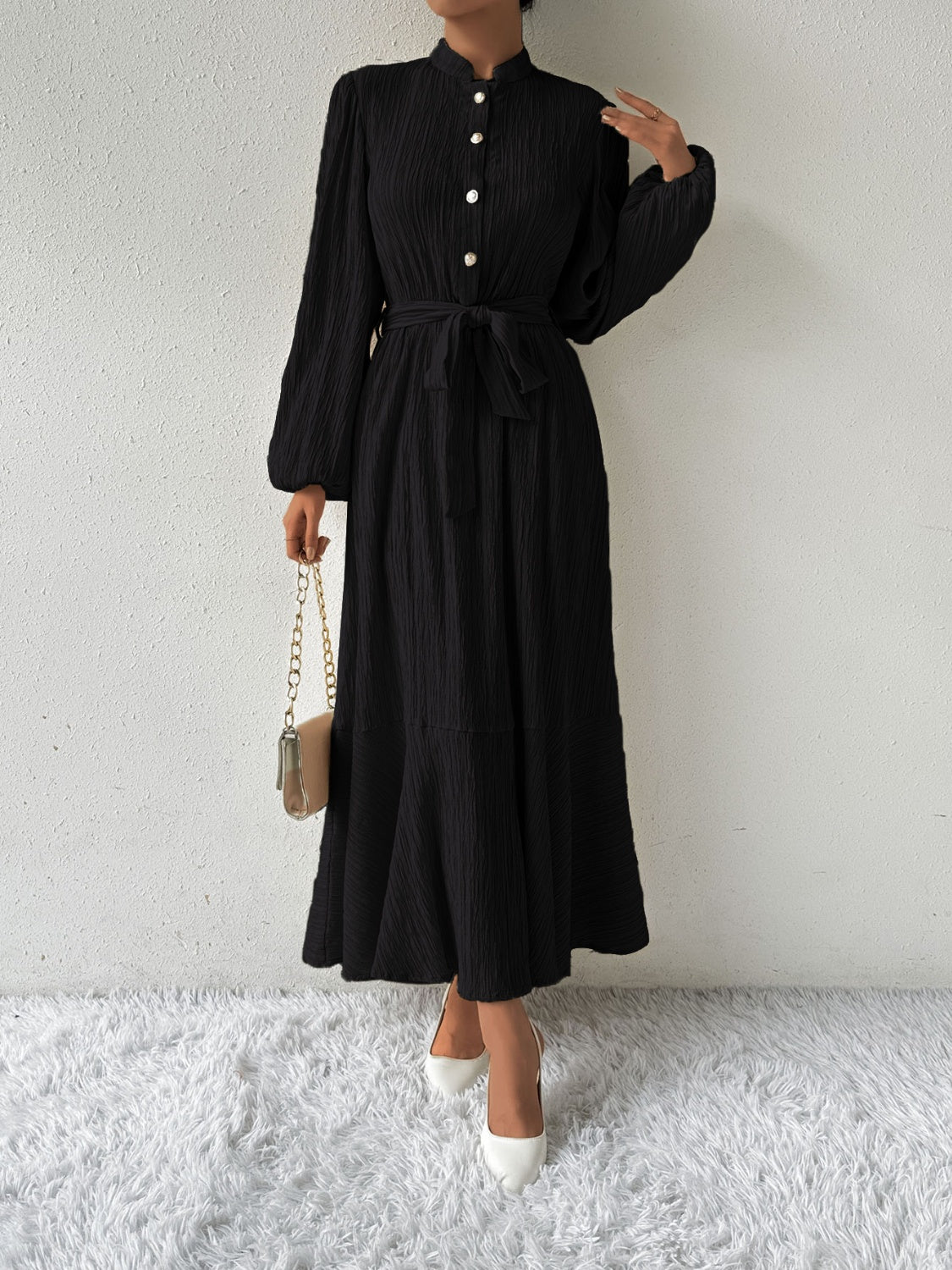 Tie Waist Long Sleeve Dress Black S 