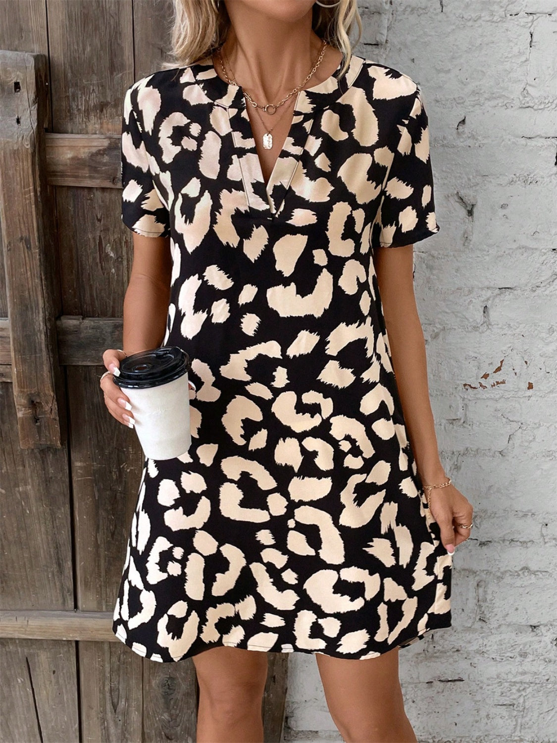 Printed Notched Short Sleeve Mini Dress   