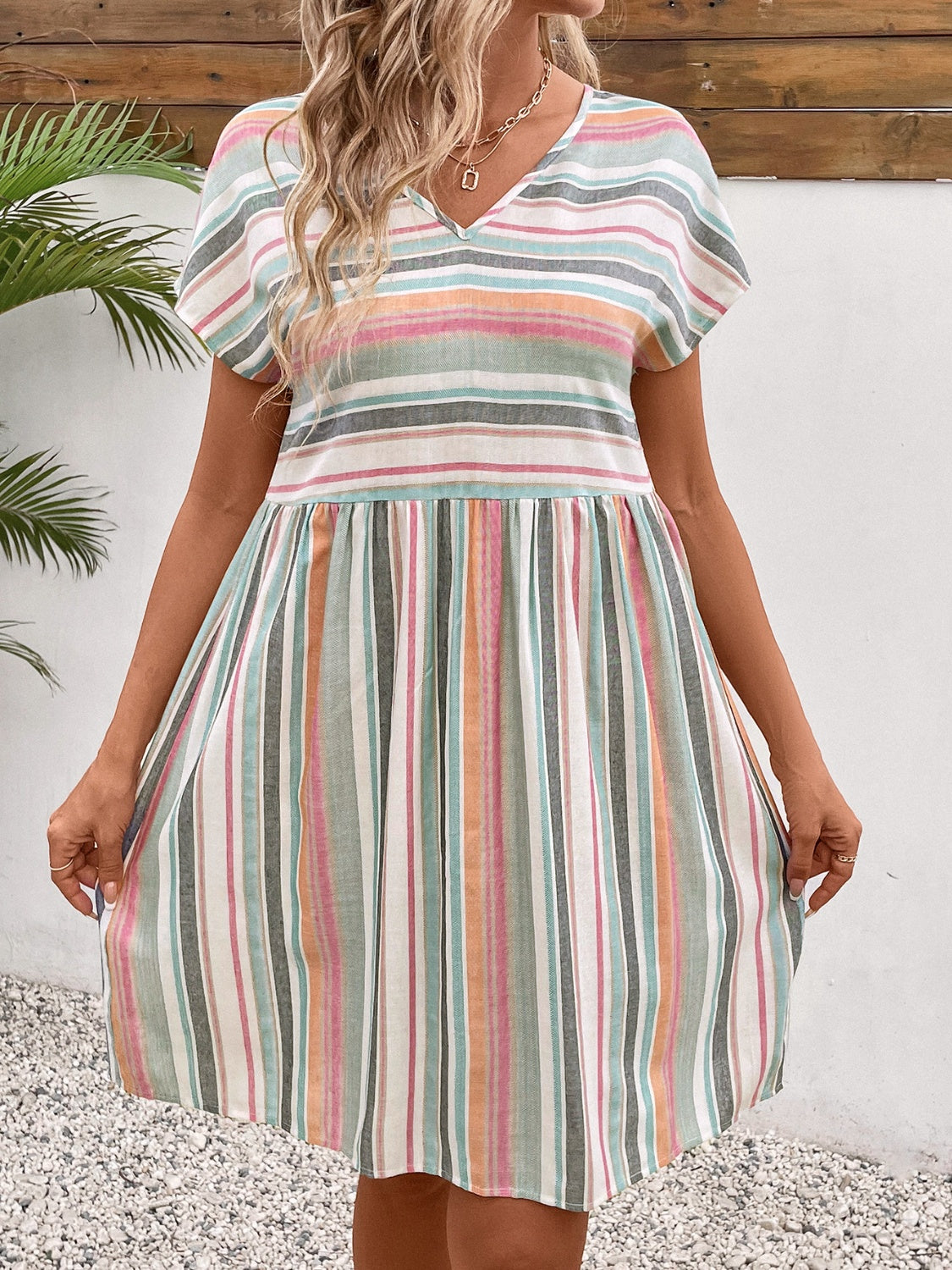 Striped V-Neck Short Sleeve Dress   