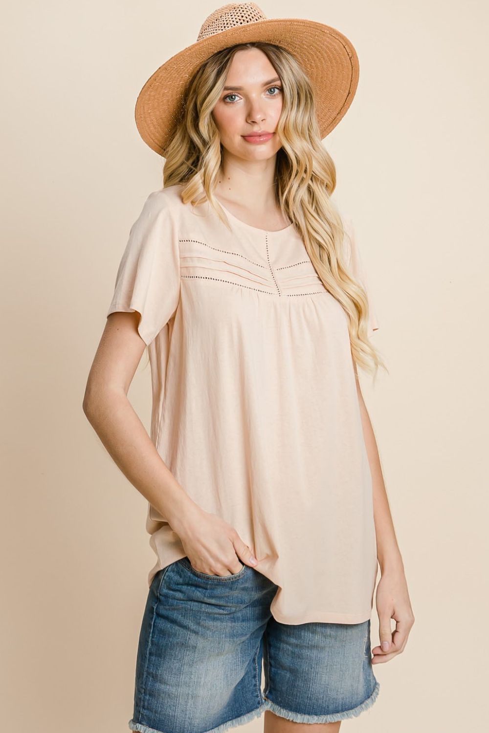 Cotton Bleu by Nu Label Eyelet Round Neck Short Sleeve T-Shirt Peach S 