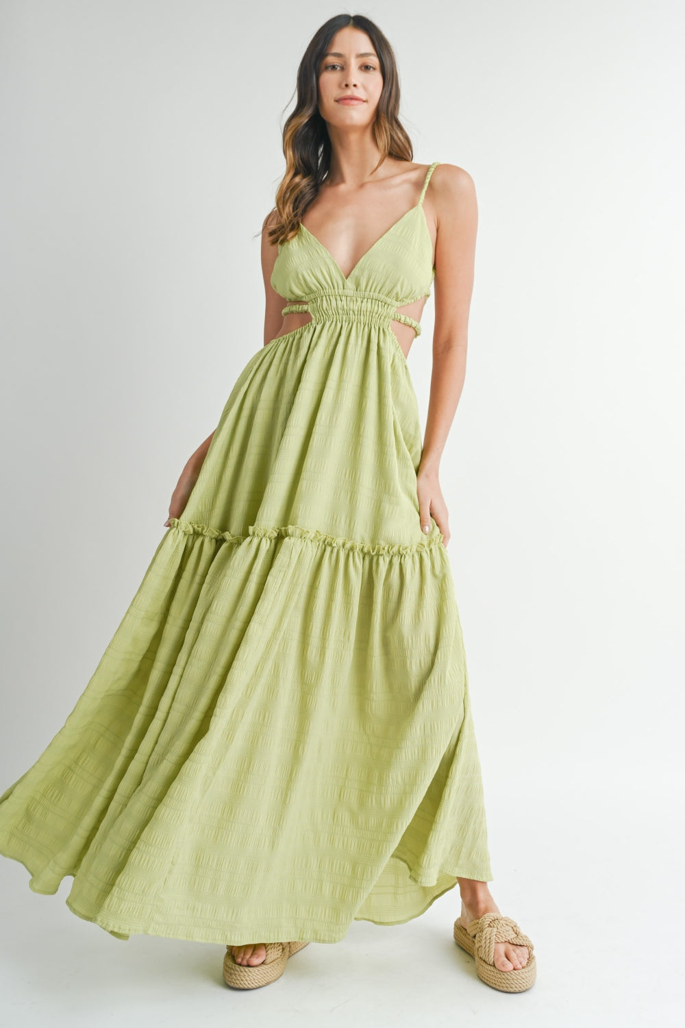 MABLE Cutout Waist Backless Maxi Dress Sage S 