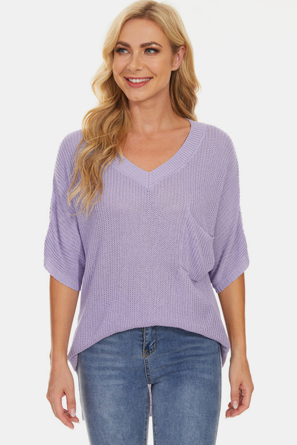 STUNNLY  Pocketed V-Neck Half Sleeve Knit Top   