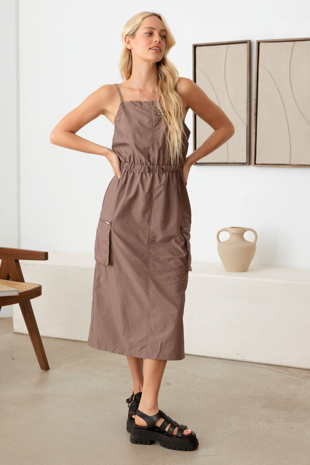 STUNNLY  Tasha Apparel Adjustable Strap Waist Drawstring Cargo Midi Dress Mocha XS 