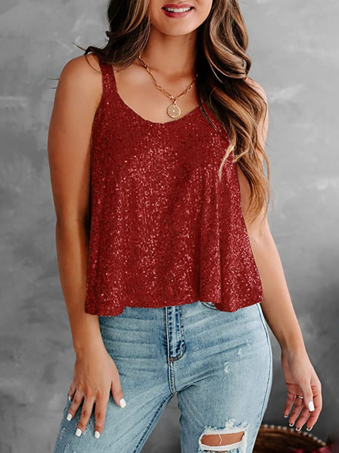 STUNNLY  Sequin Scoop Neck Tank Wine S 