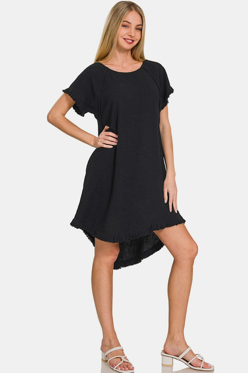 Zenana Fringe Edge High Low Flowy Dress with Pockets   