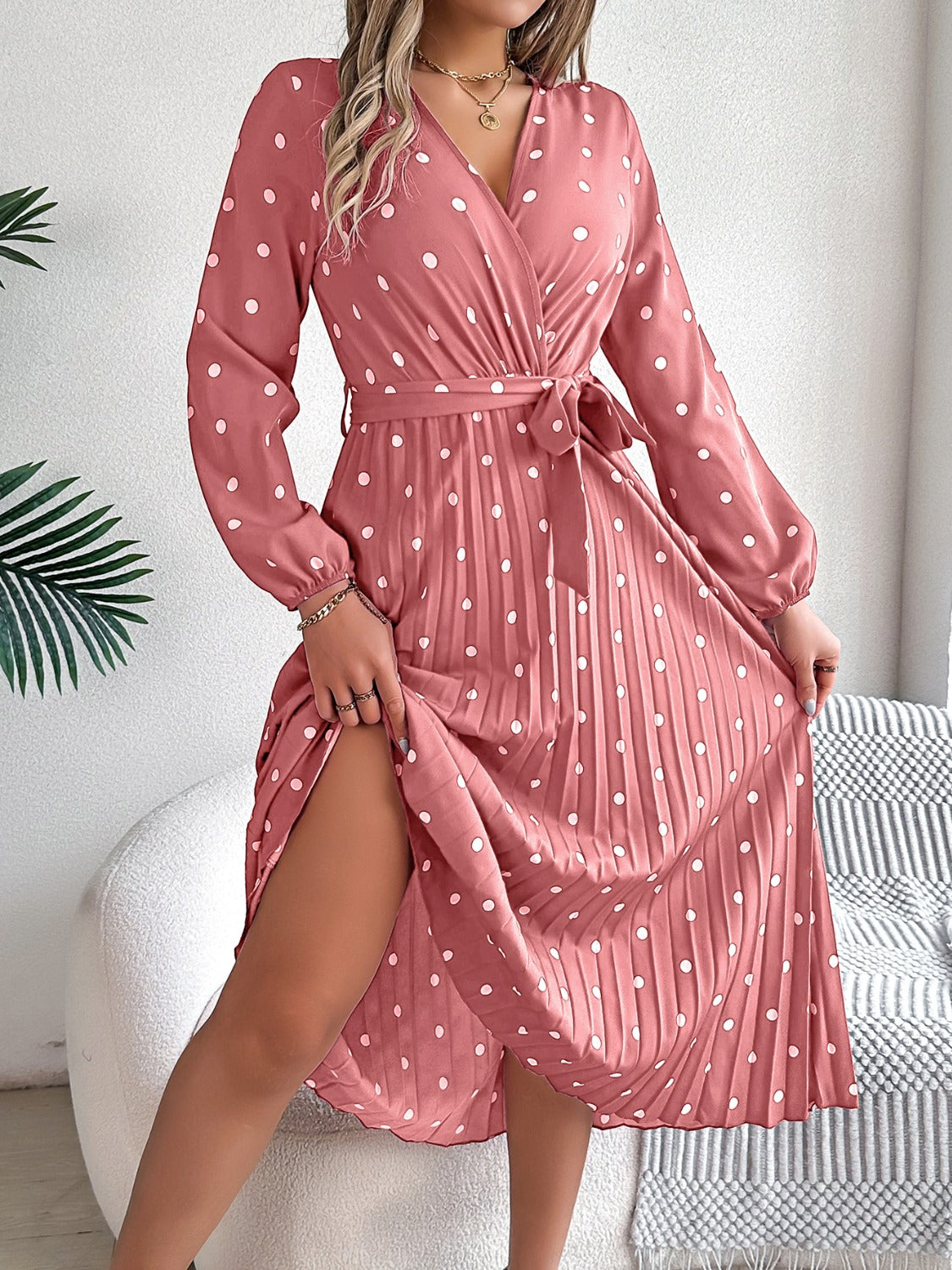 Tied Polka Dot Long Sleeve Midi Dress Dusty Pink S 