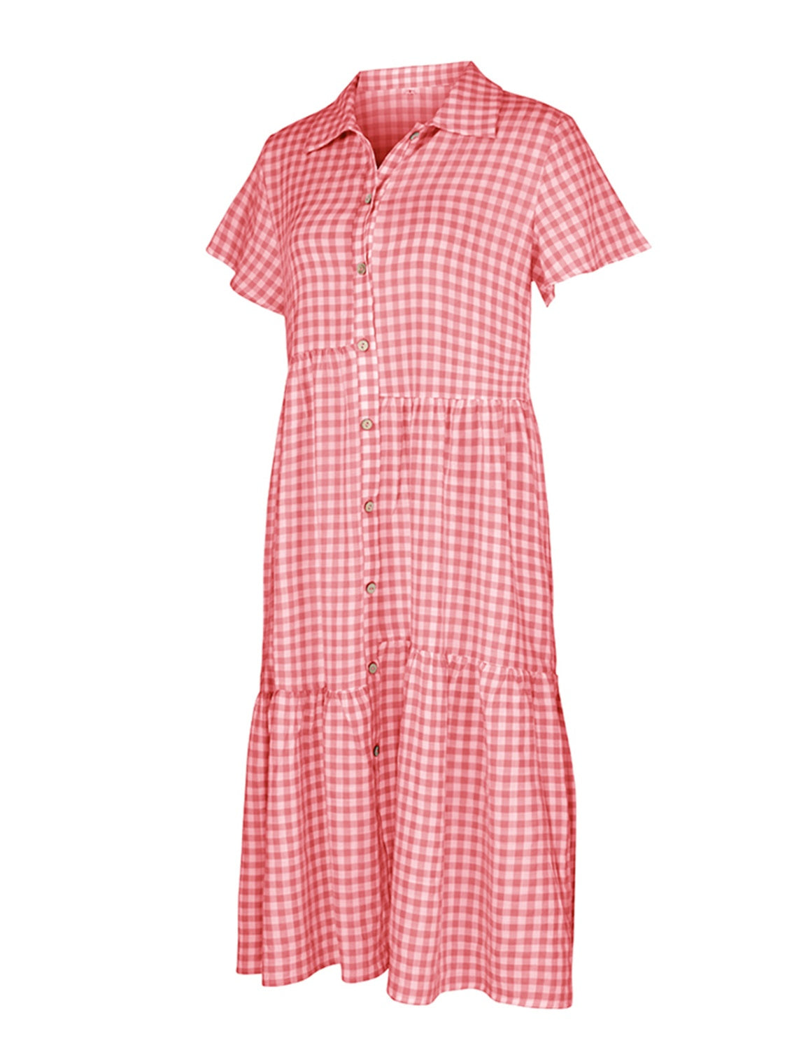 Button Up Plaid Short Sleeve Midi Dress   