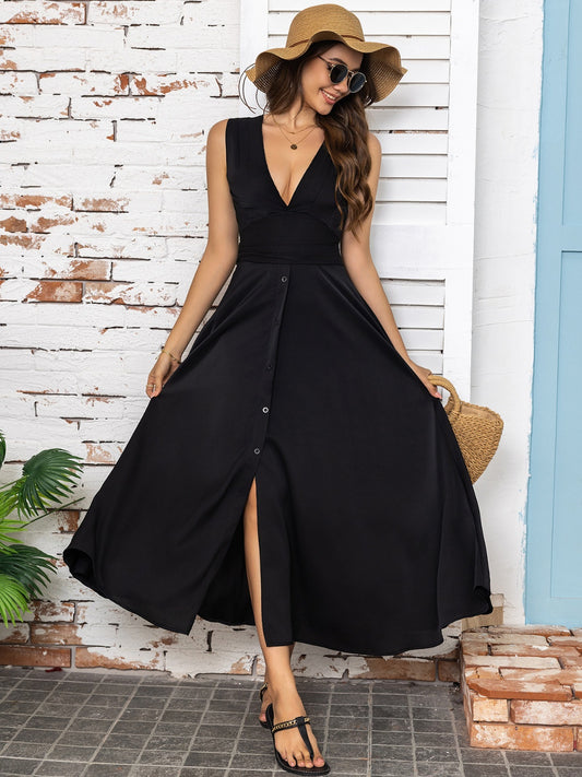 Full Size Slit V-Neck Sleeveless Midi Dress Black S 