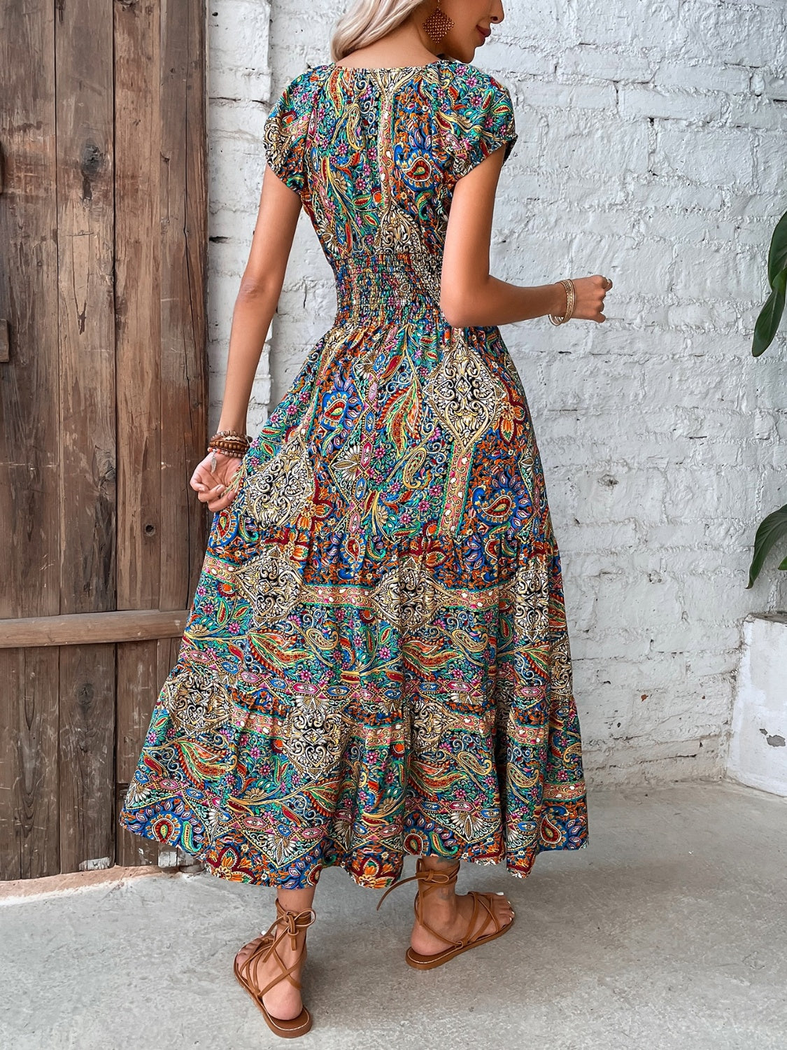 Smocked Printed Cap Sleeve Midi Dress   