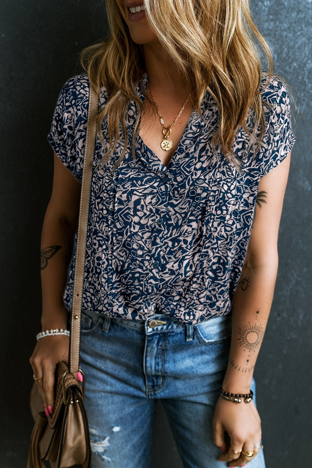 STUNNLY  Printed Notched Short Sleeve Blouse French Blue S 