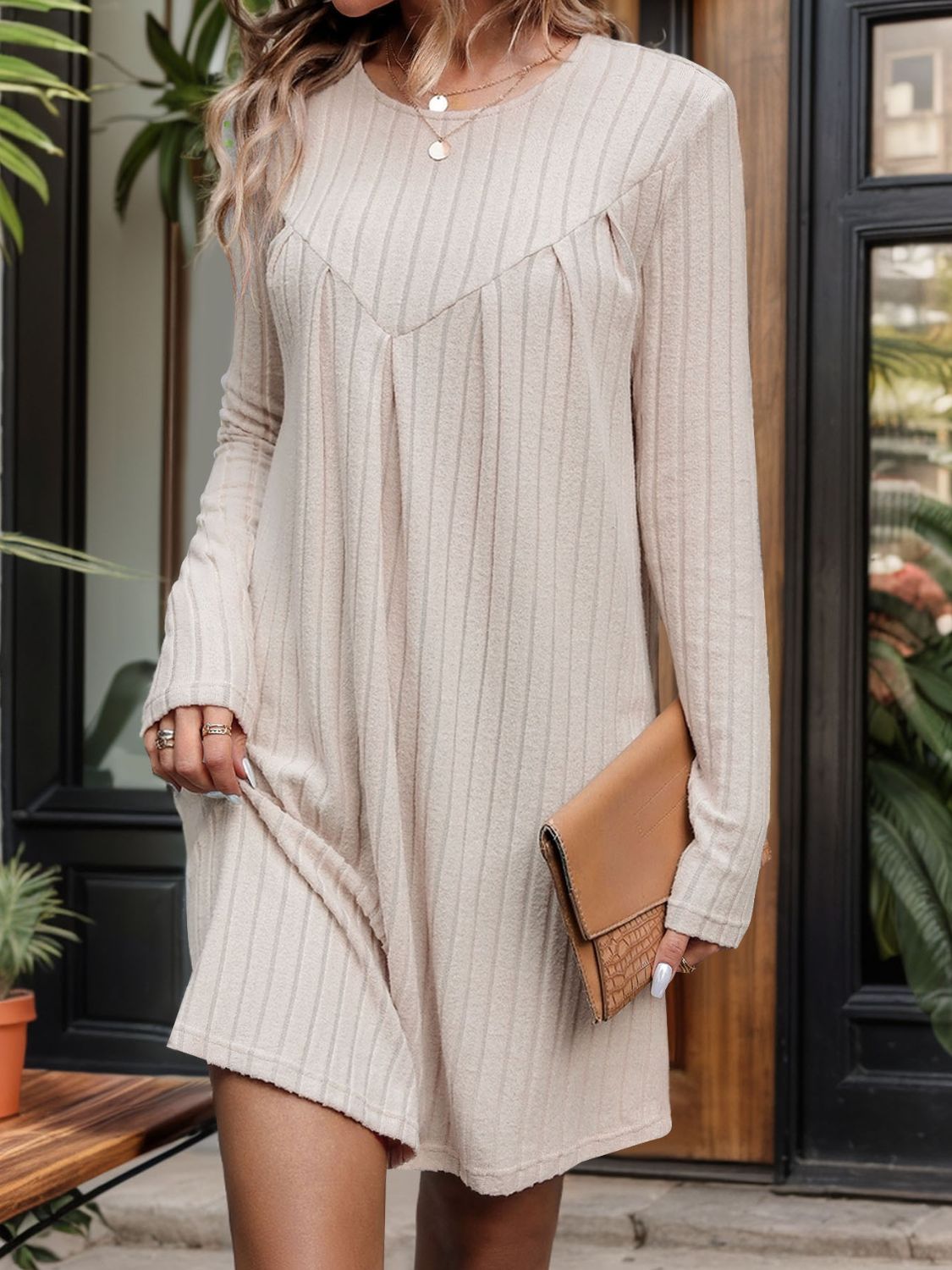 Round Neck Long Sleeve Mini Dress Cream S 