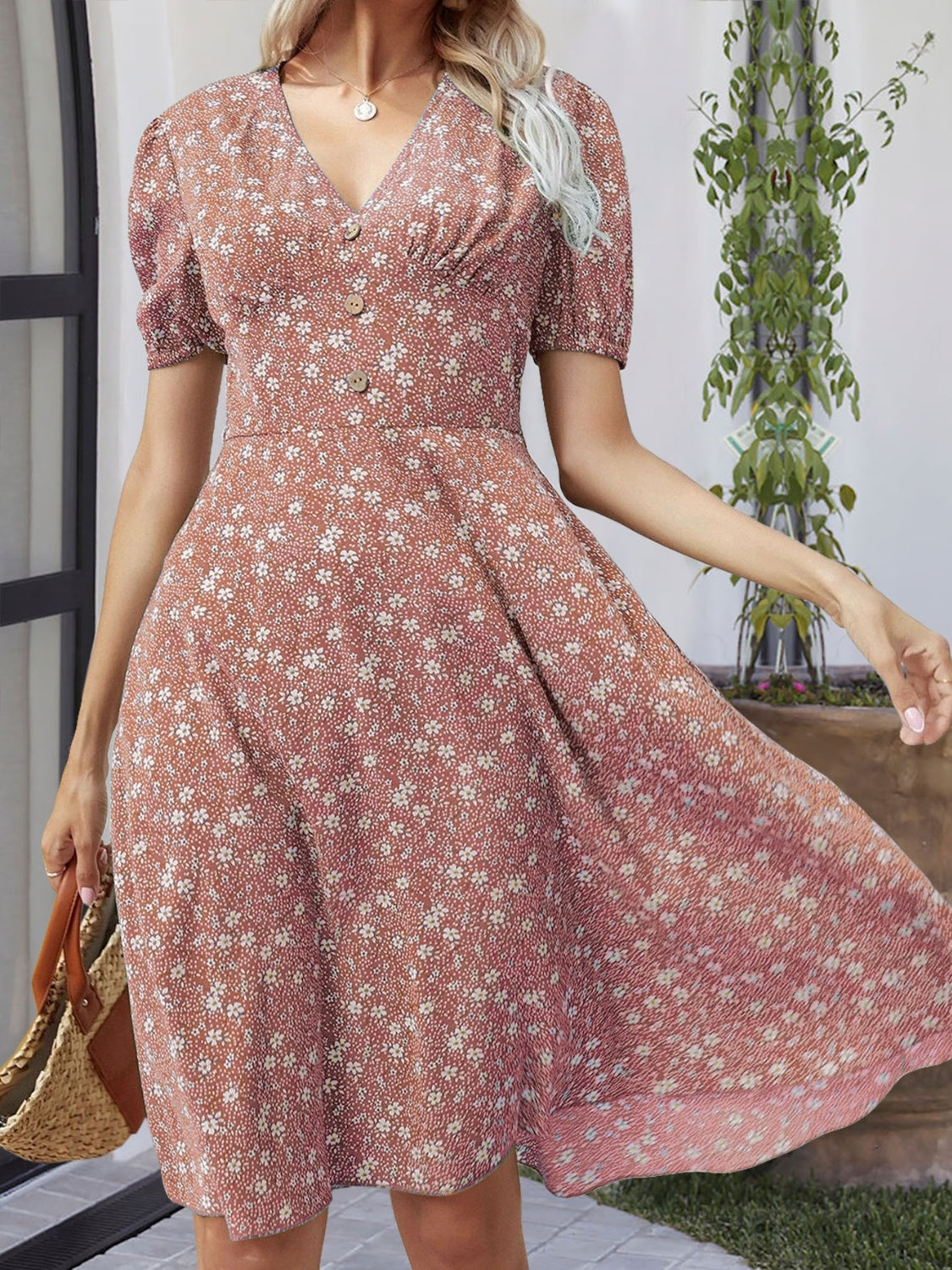 Printed V-Neck Short Sleeve Dress   