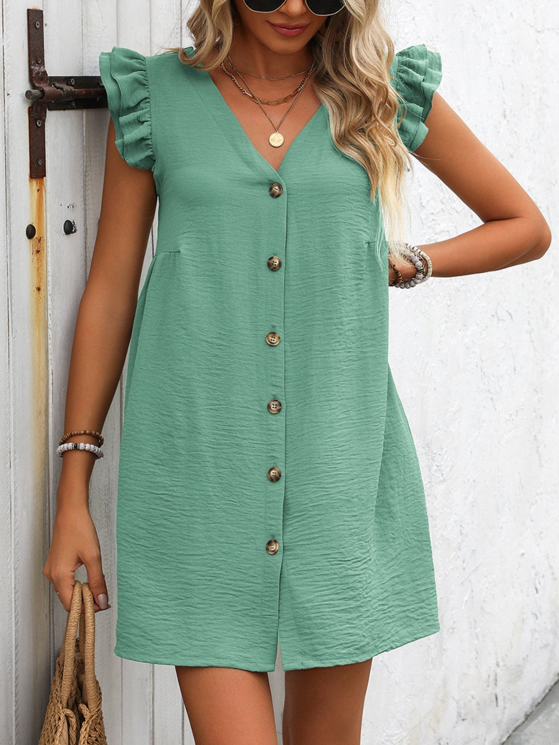 Button Up V-Neck Cap Sleeve Mini Dress   