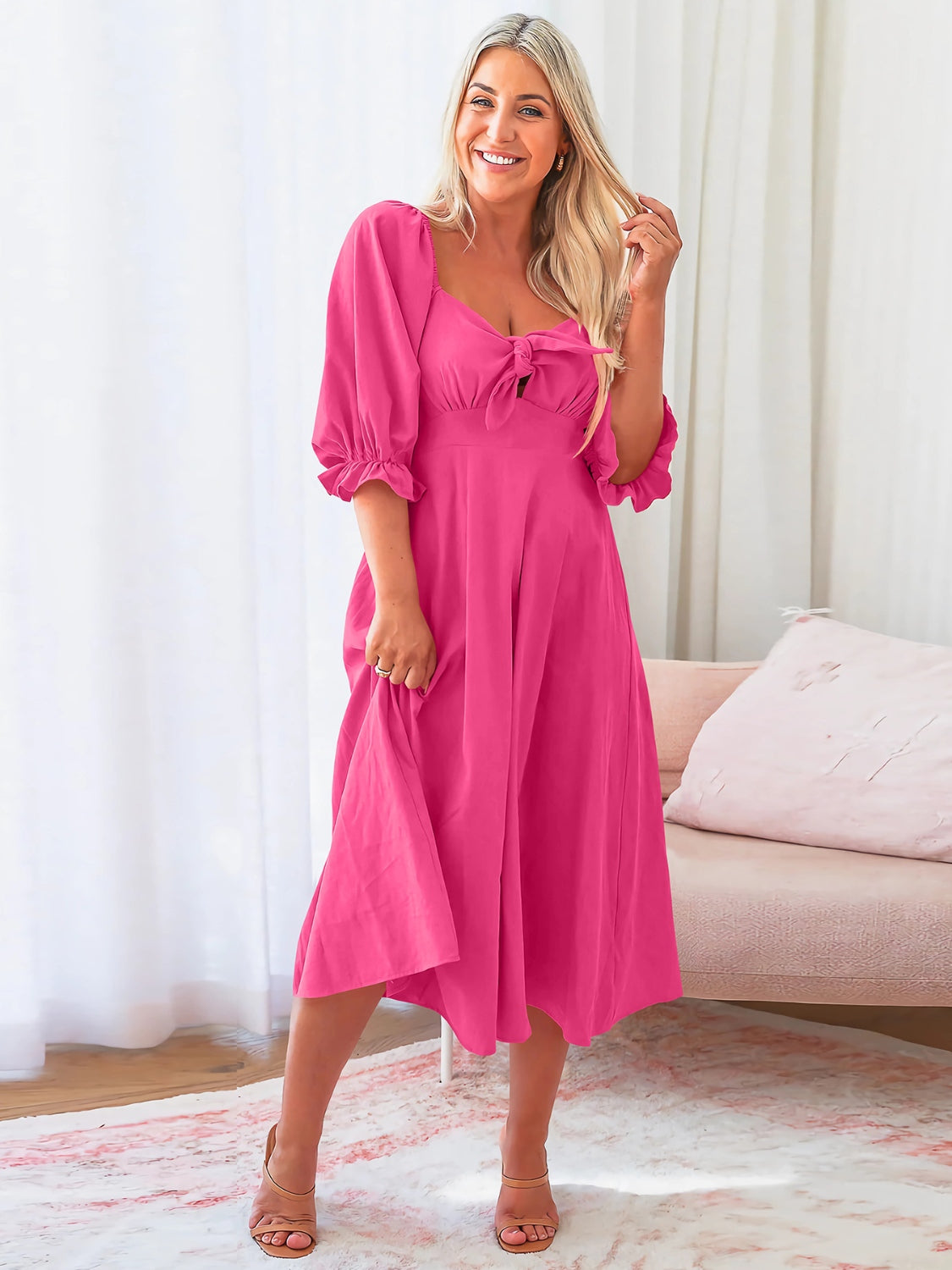 Sweetheart Neck Flounce Sleeve Midi Dress   