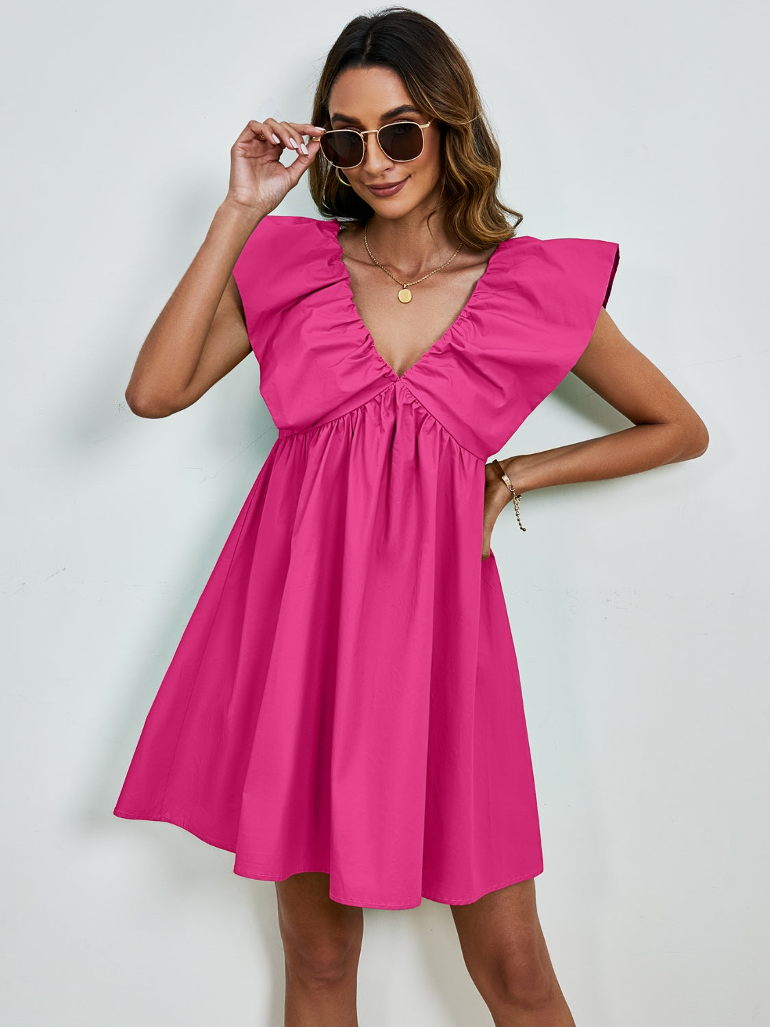 V-Neck Cap Sleeve Mini Dress   