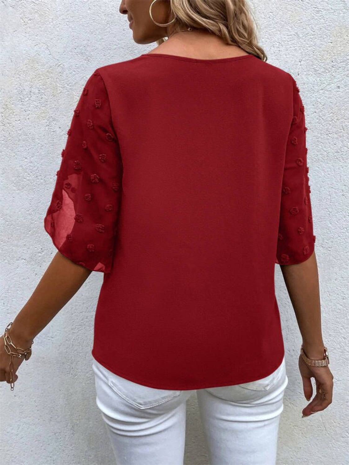 STUNNLY  Swiss Dot Round Neck Half Sleeve Blouse Wine S 