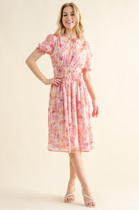 And The Why Full Size Smocked Waist Printed Midi Dress Pink Multi S 