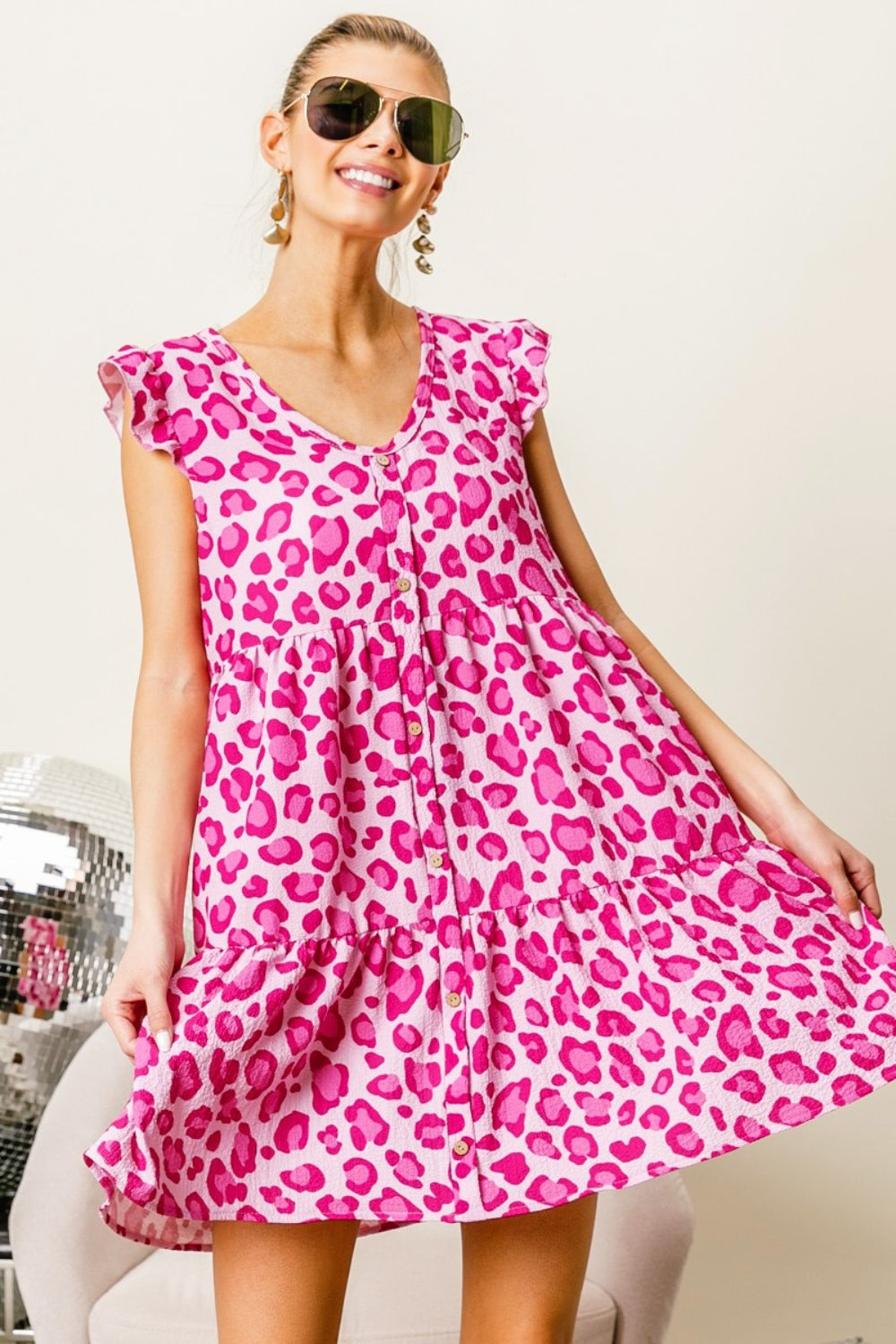 BiBi Leopard Cap Sleeve Tiered Mini Dress Pink/Fuchsia S 