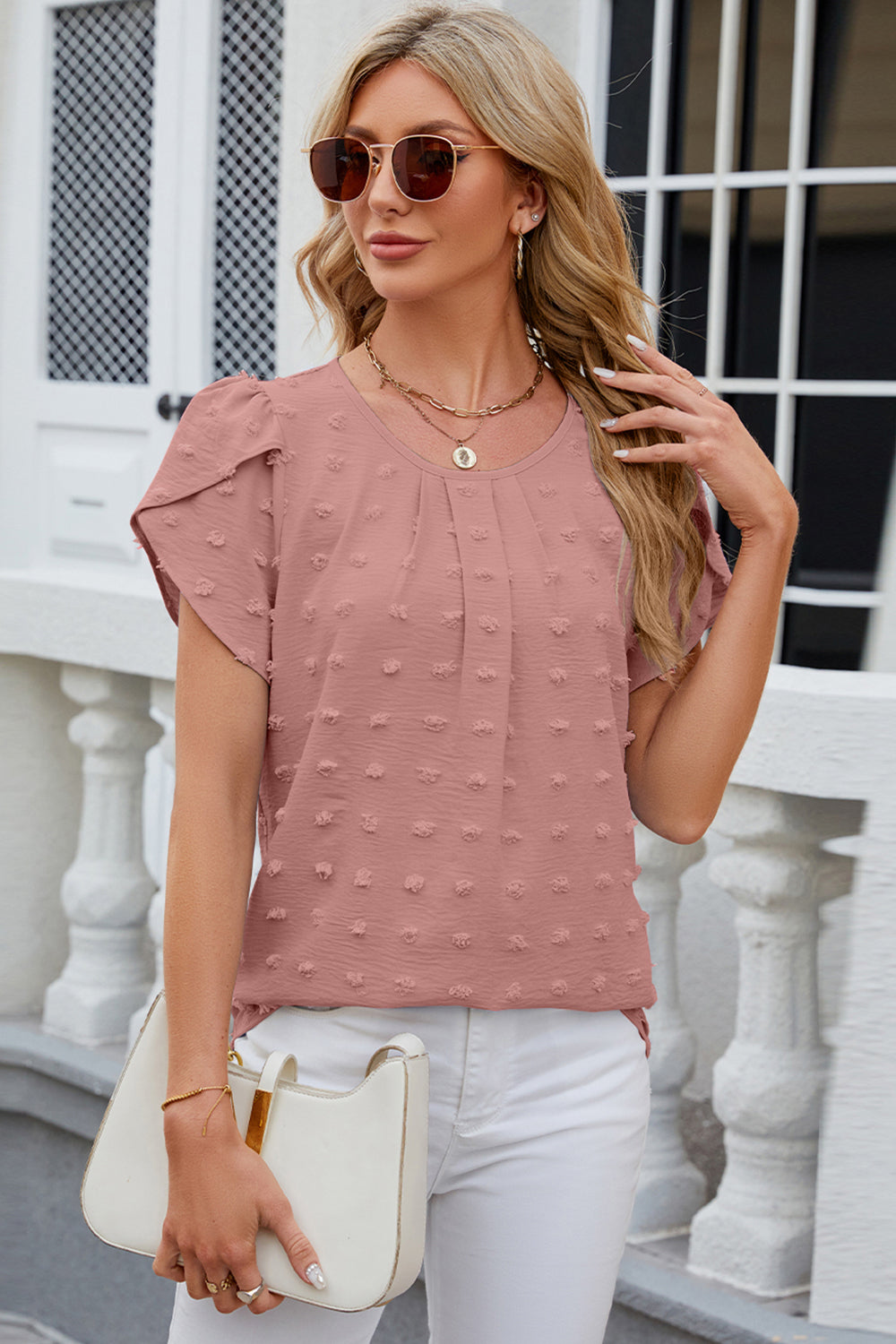 STUNNLY  Swiss Dot Round Neck Petal Sleeve Blouse   