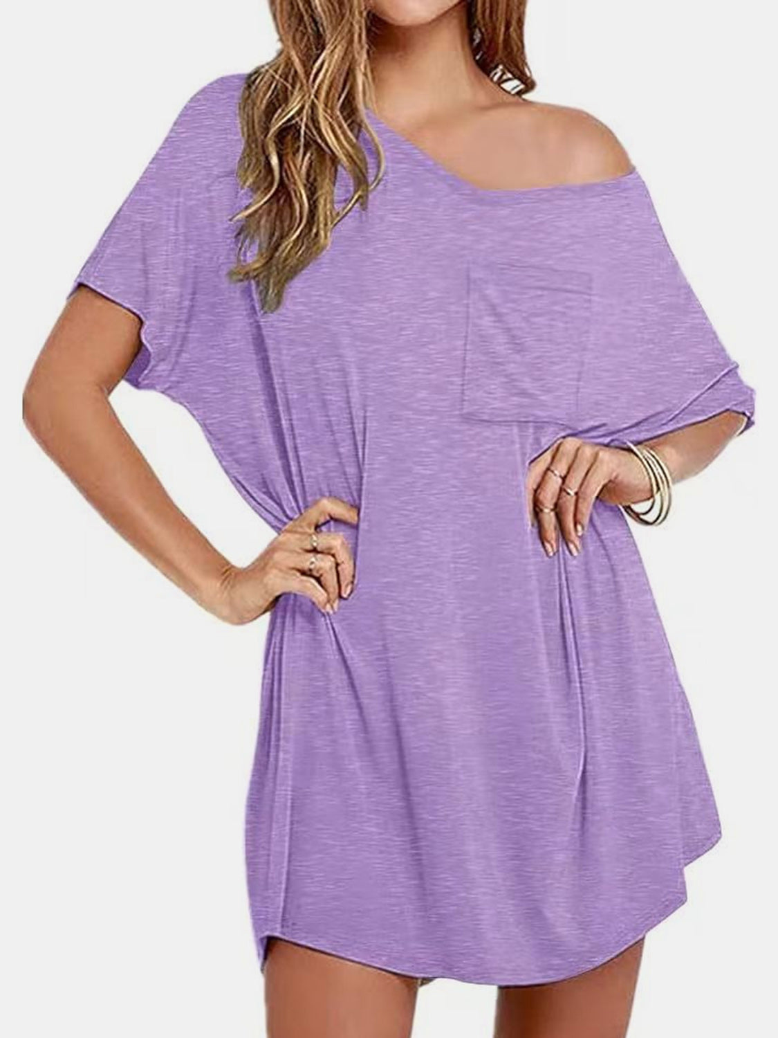 Pocketed V-Neck Short Sleeve Tee Dress   