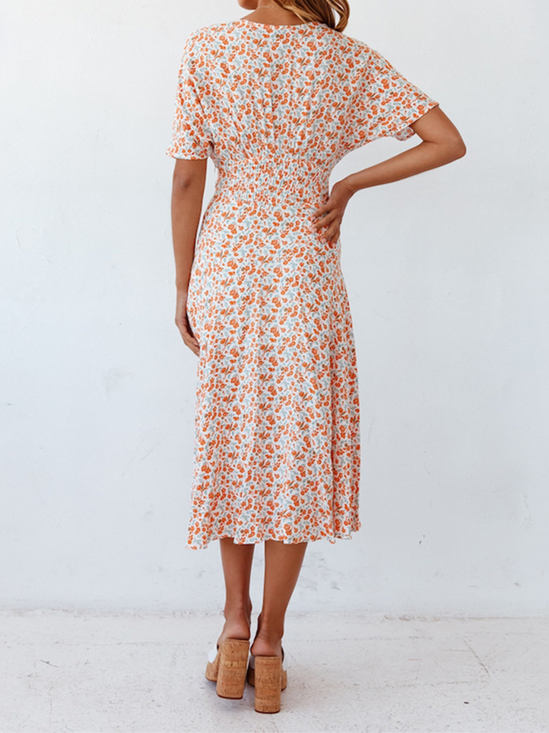 Ditsy Floral V-Neck Short Sleeve Midi Dress   