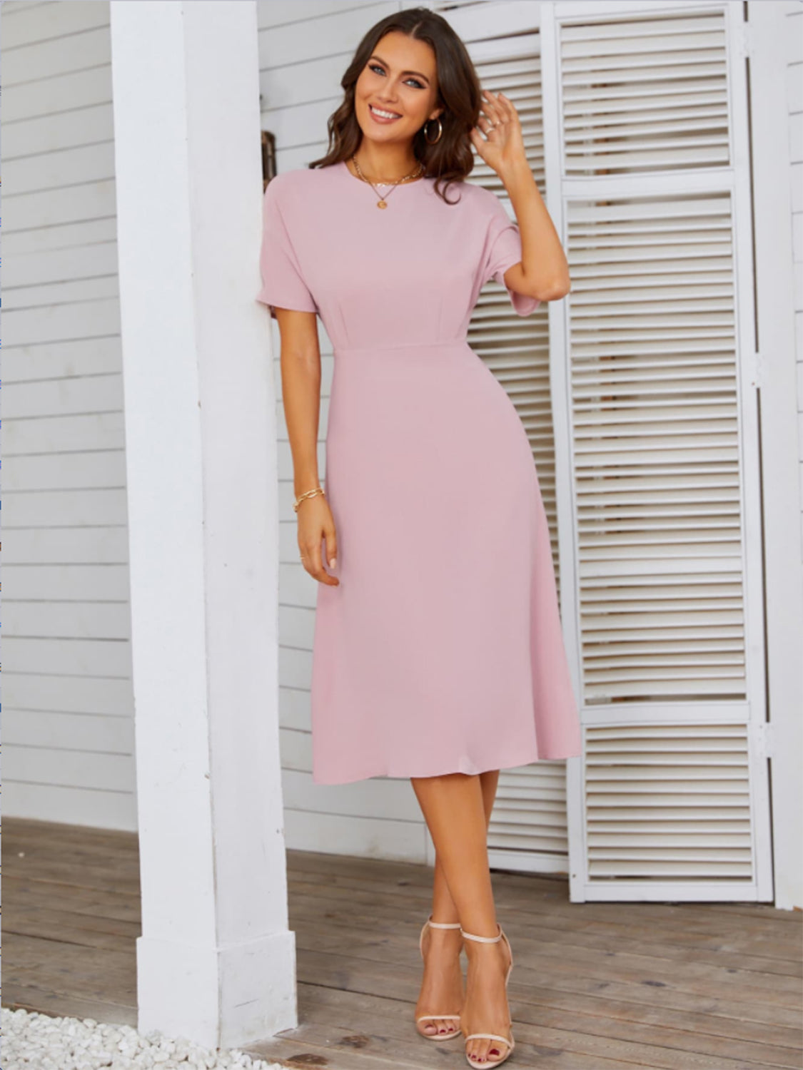 Round Neck Short Sleeve Midi Dress   