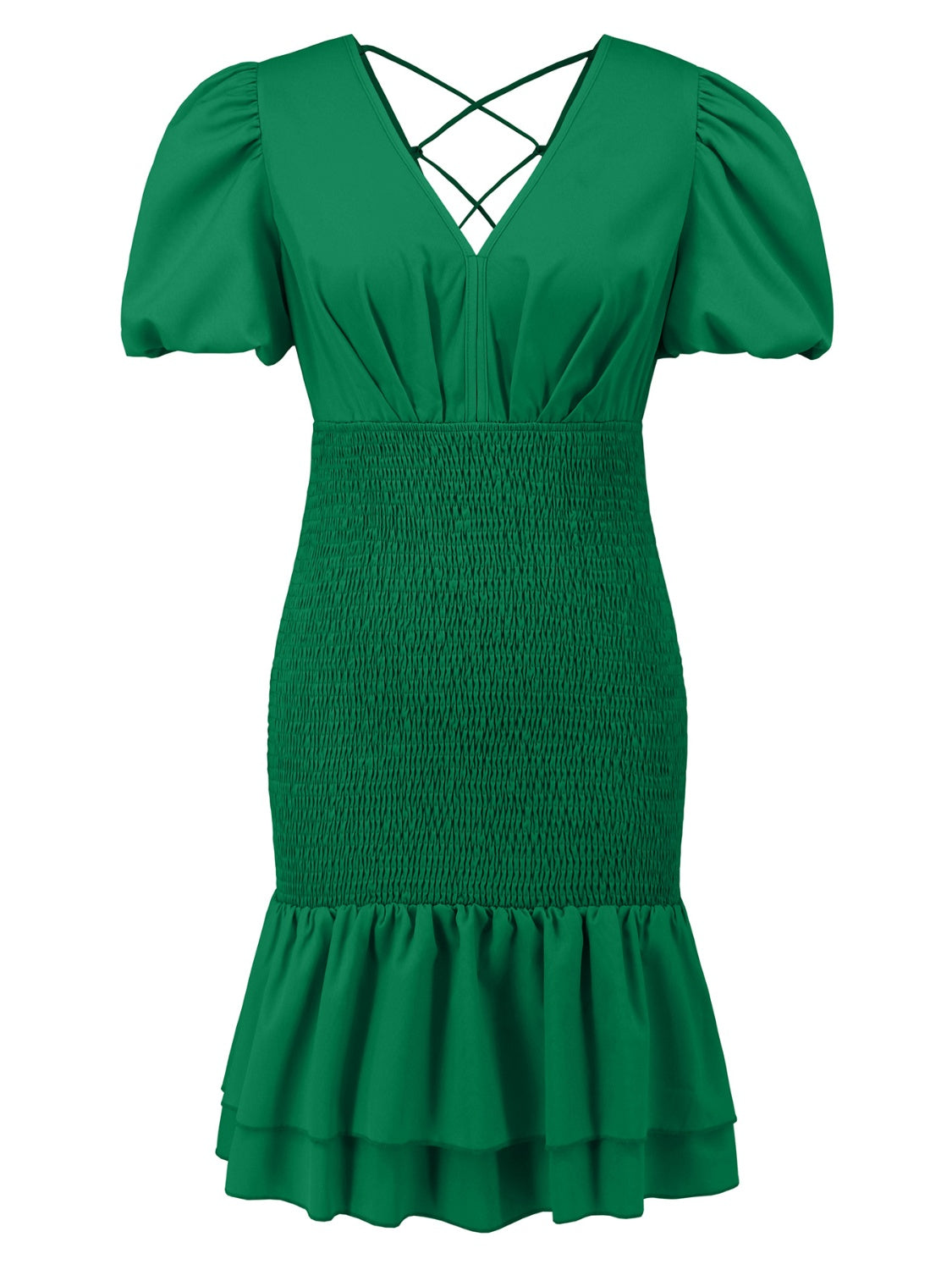 Layered Backless V-Neck Short Sleeve Dress Green S 