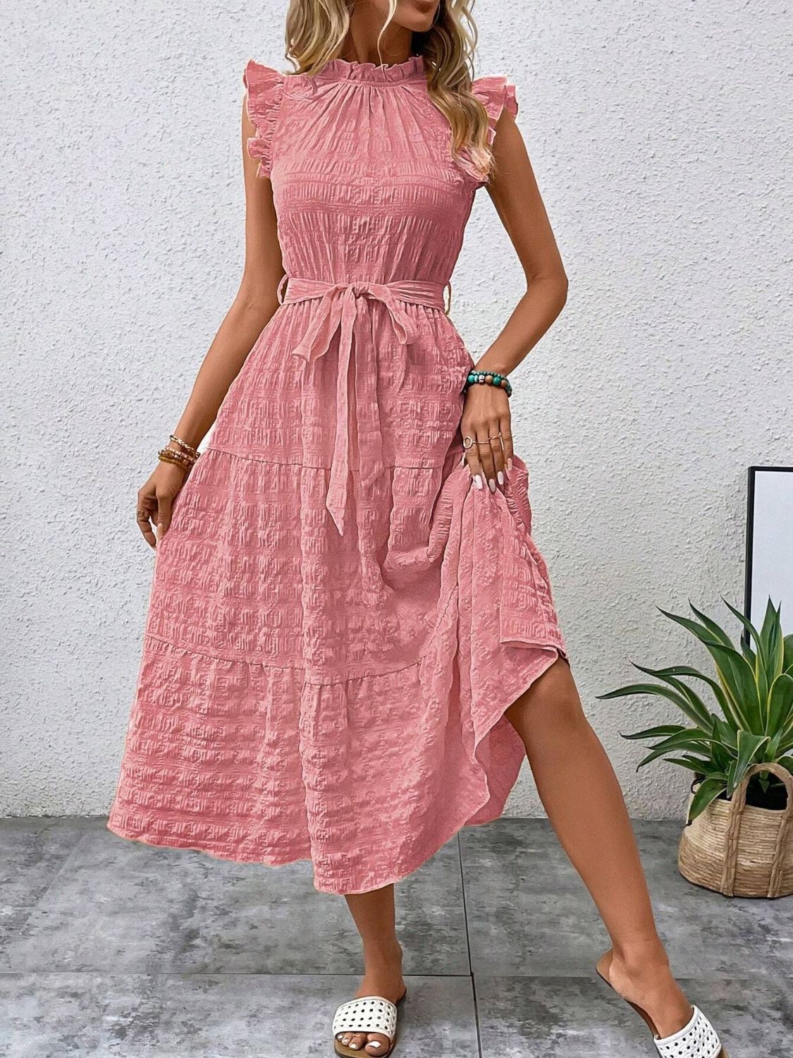 Tied Ruffled Cap Sleeve Midi Dress   