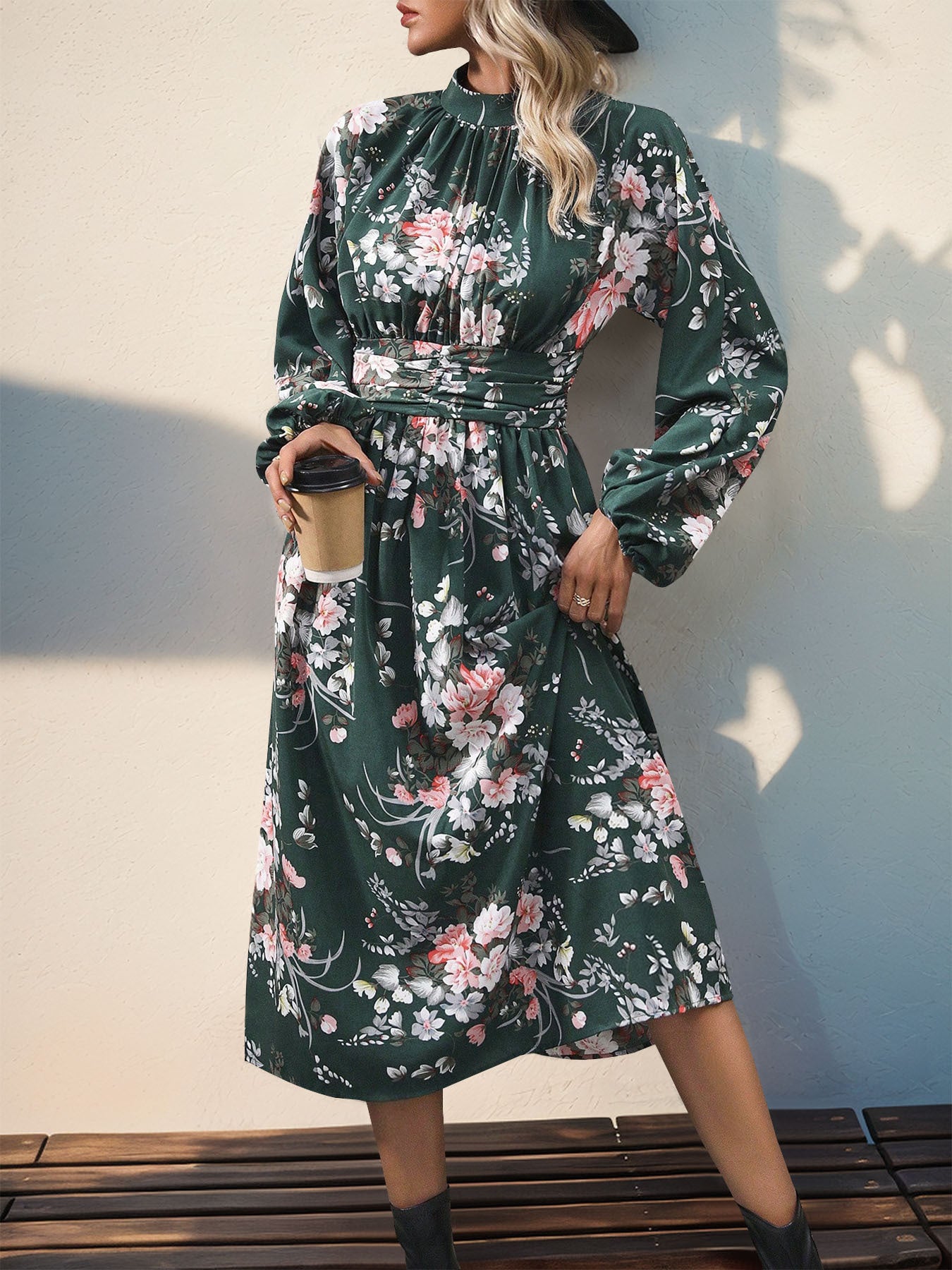 Ruched Printed Mock Neck Long Sleeve Midi Dress   