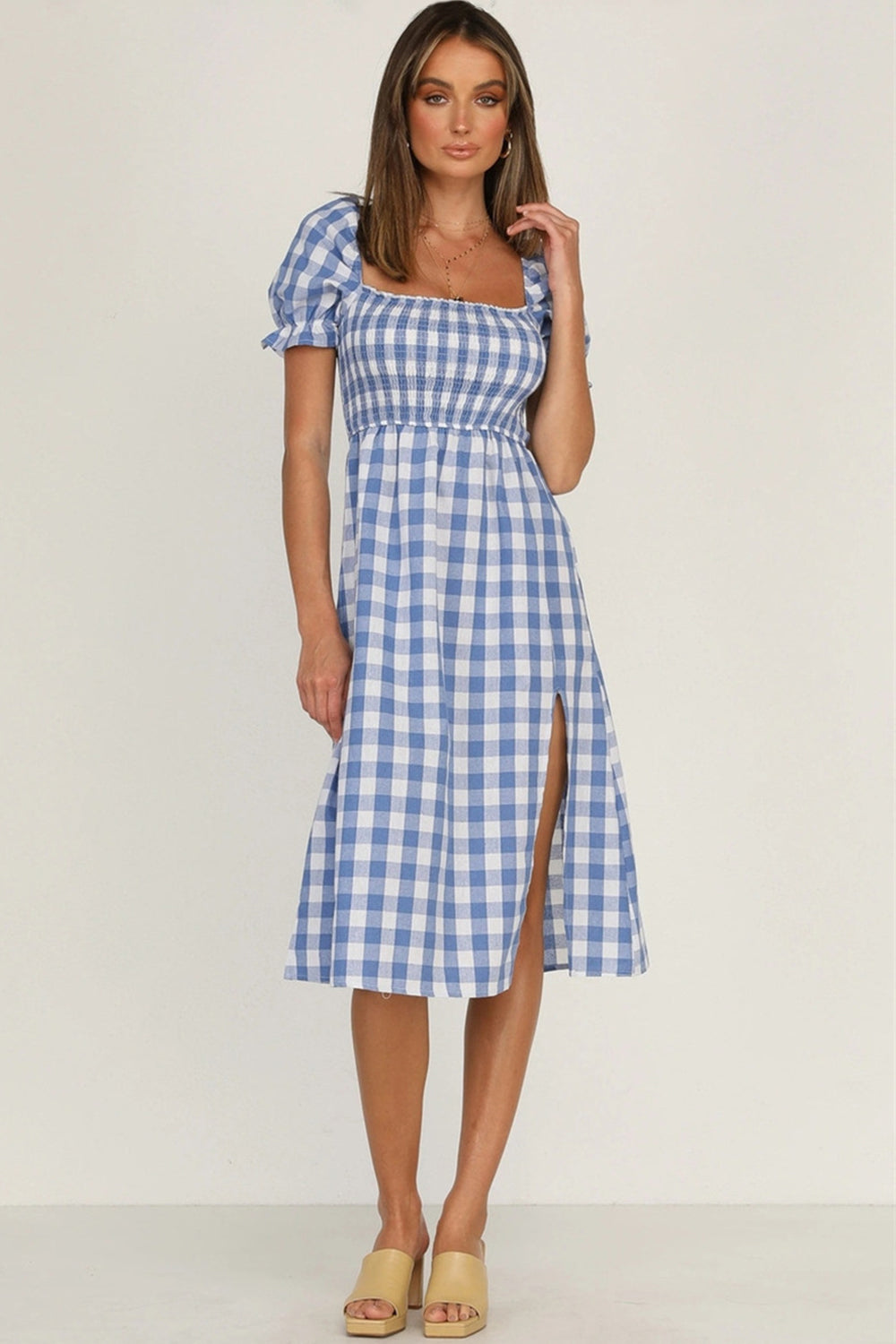 Full Size Slit Plaid Short Sleeve Midi Dress   