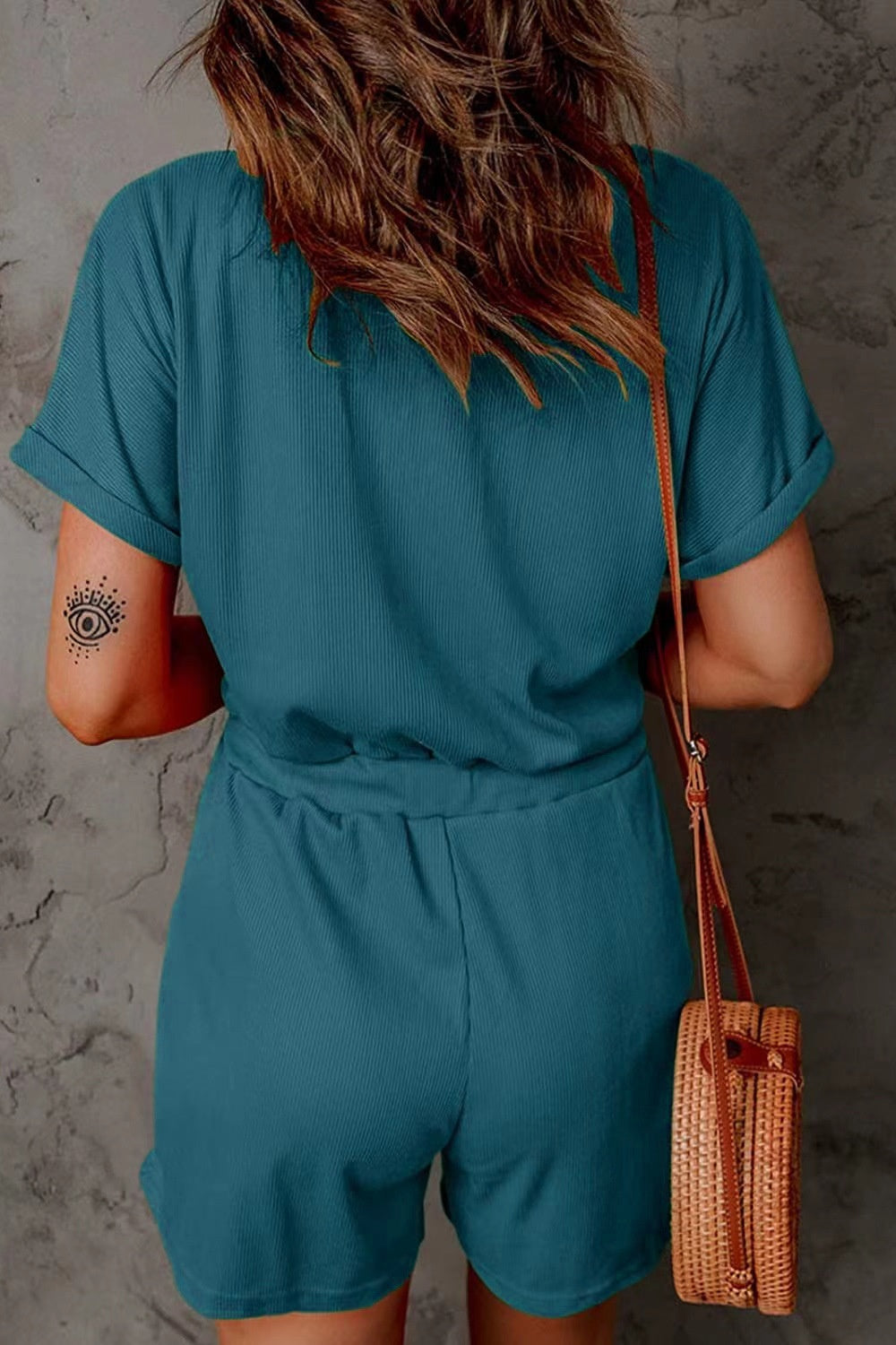 Full Size Drawstring V-Neck Short Sleeve Romper   