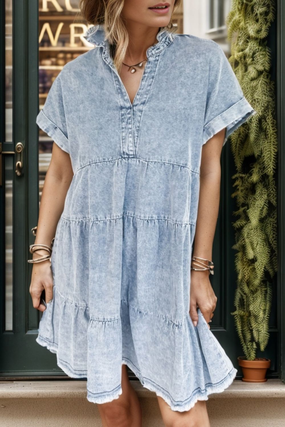 Raw Hem Notched Short Sleeve Denim Dress Light S 