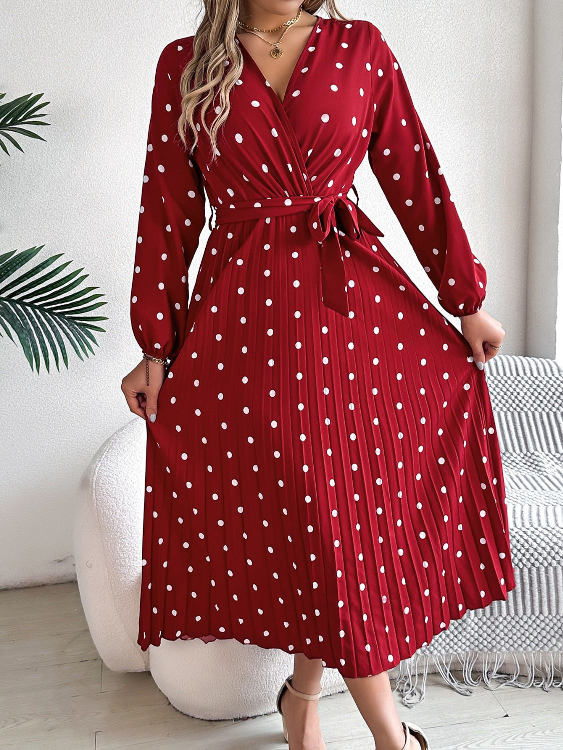 Tied Polka Dot Long Sleeve Midi Dress   