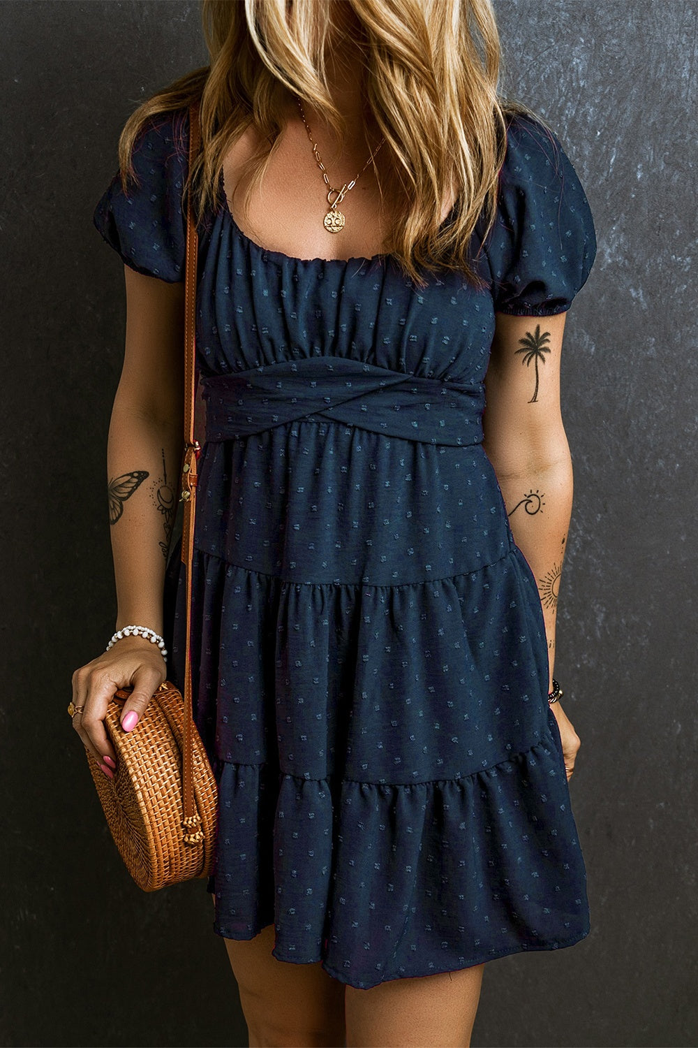 STUNNLY  Swiss Dot Short Sleeve Mini Dress Dark Navy S 