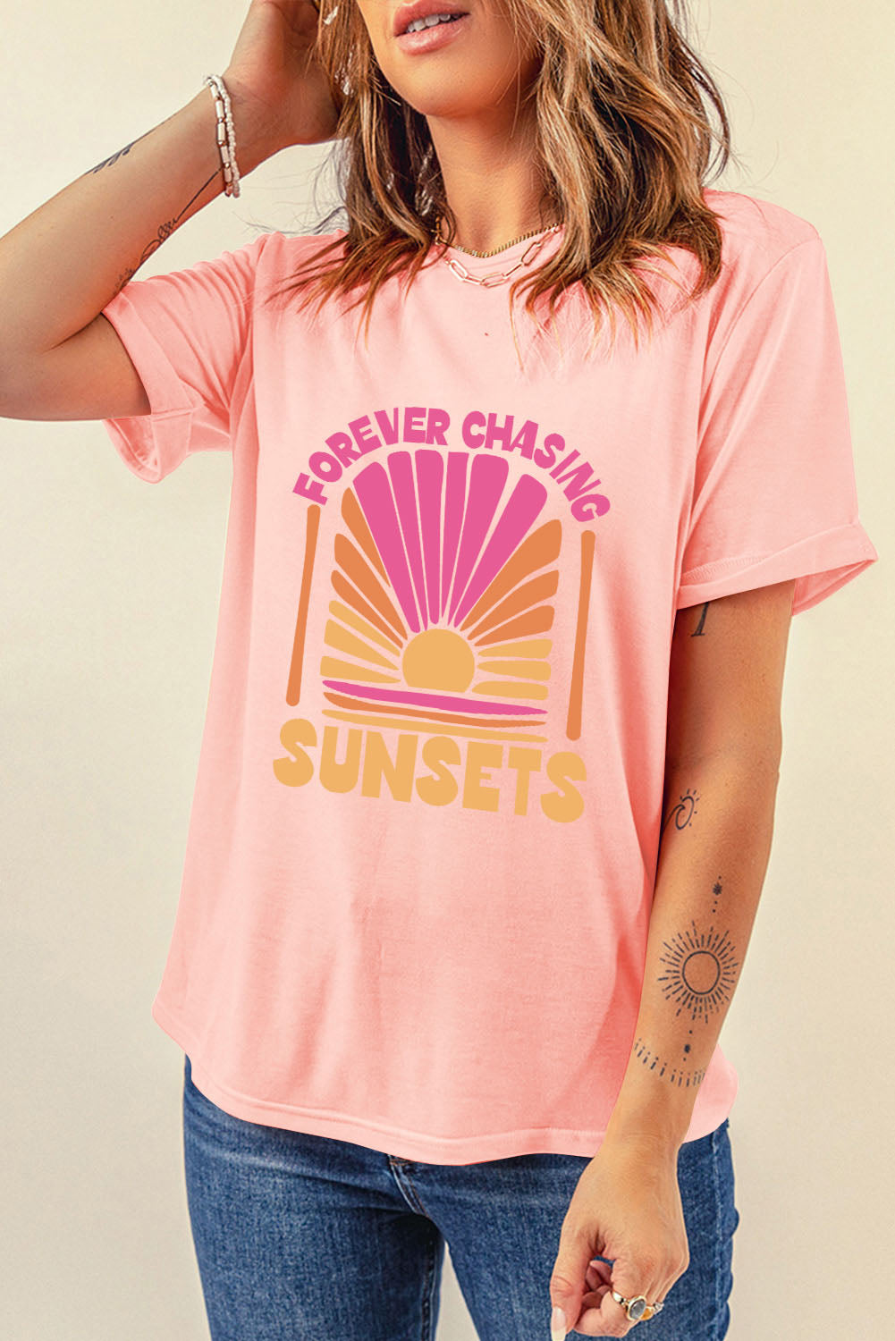 STUNNLY  FOREVER CHASING SUNSETS Round Neck T-Shirt Peach S 