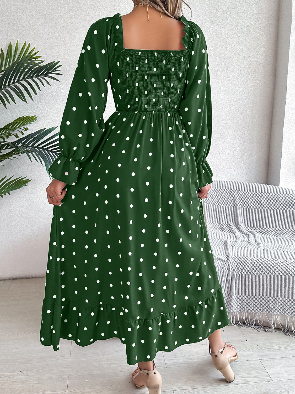 Polka Dot Flounce Sleeve Midi Dress   