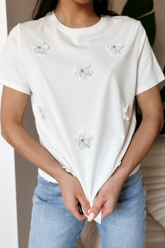 Flower Round Neck Short Sleeve T-Shirt White S 