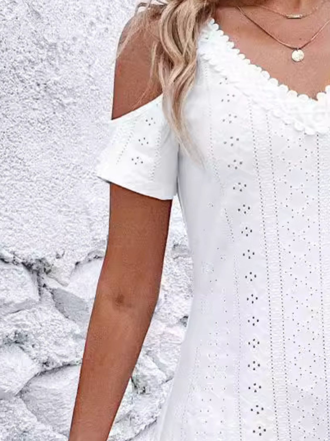 Eyelet V-Neck Cold Shoulder Mini Dress   