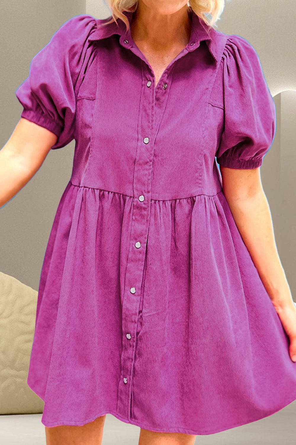 Snap Down Short Sleeve Mini Dress Vivid Violet S 