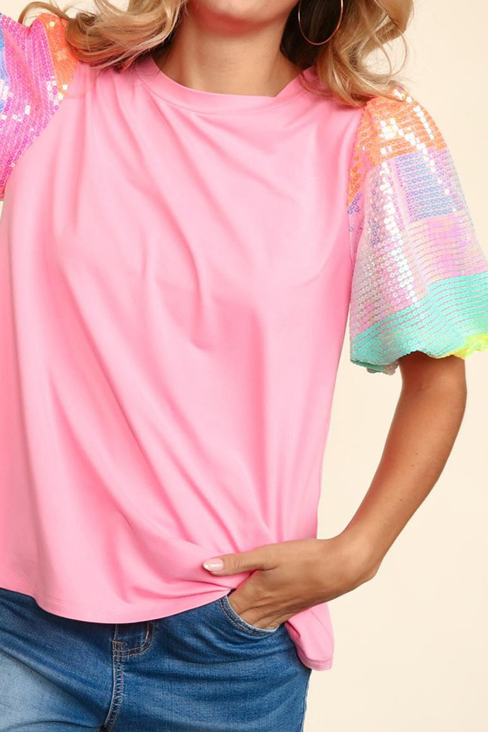 Sequin Round Neck Short Sleeve Blouse   