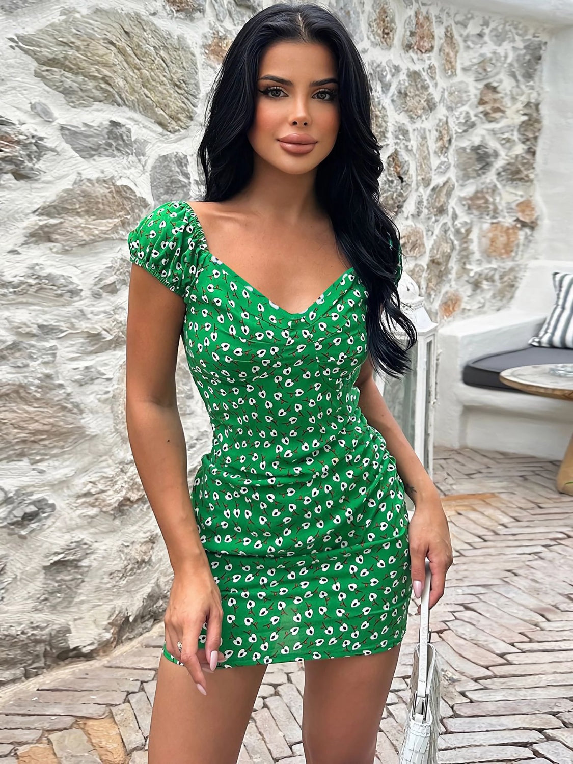 Printed V-Neck Short Sleeve Mini Dress Green S 