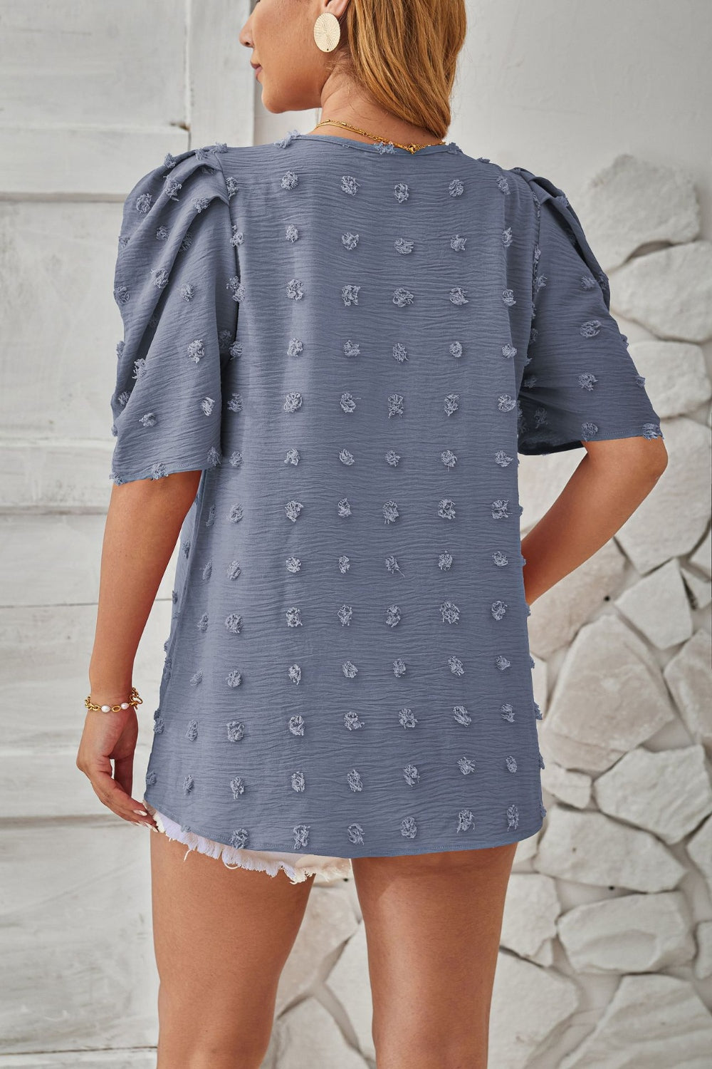 Swiss Dot Round Neck Short Sleeve Blouse   