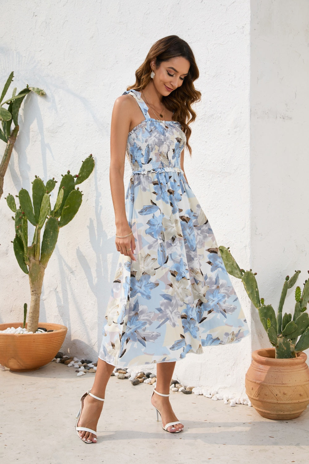 STUNNLY  Smocked Printed Square Neck Midi Dress   