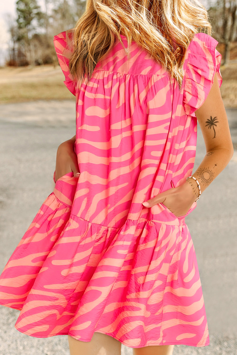 Ruffled Printed Cap Sleeve Mini Dress Hot Pink S 