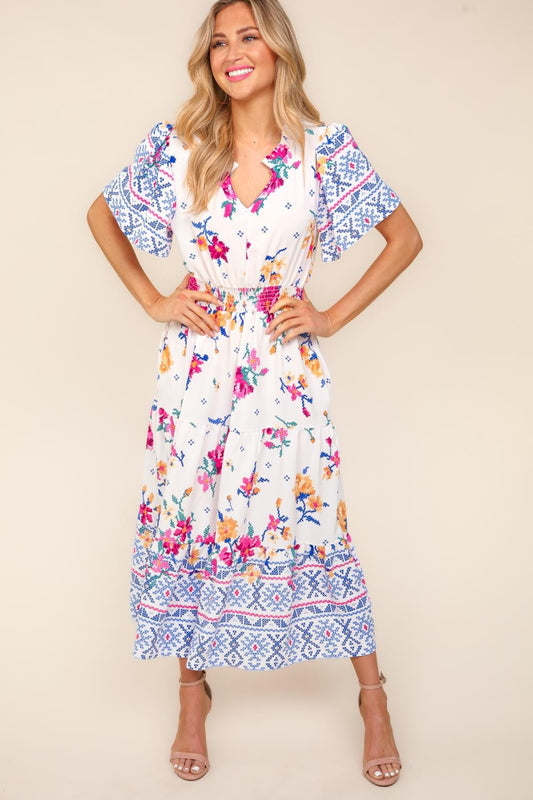 Haptics Printed Notched Short Sleeve Tiered Dress Ivory/Blue S 