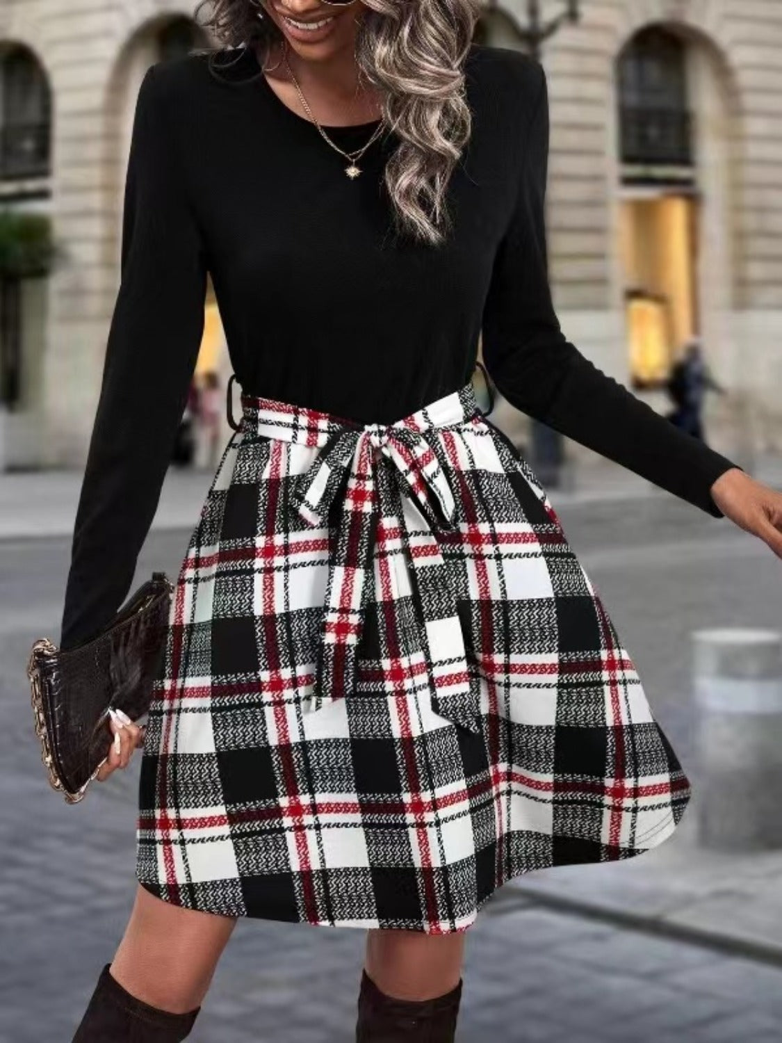 Tied Plaid Round Neck Long Sleeve Dress   