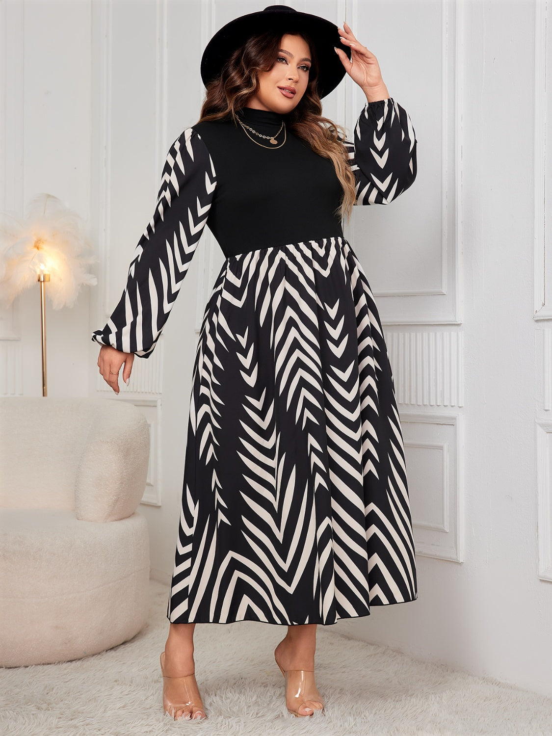 Plus Size Printed Mock Neck Long Sleeve Midi Dress   