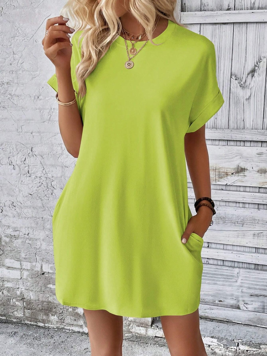 Round Neck Short Sleeve Mini Dress   