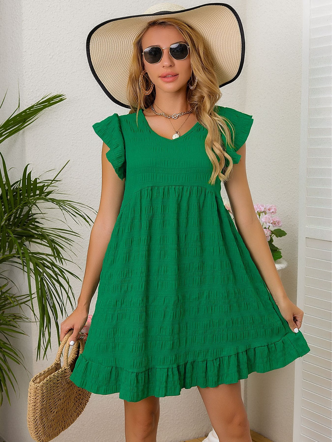 STUNNLY  Ruffled Cap Sleeve Mini Dress   